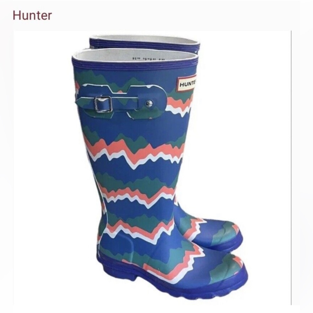 HUNTER Big Kids Original Storm Stripe Rain Snow Boots, Blue Pink White